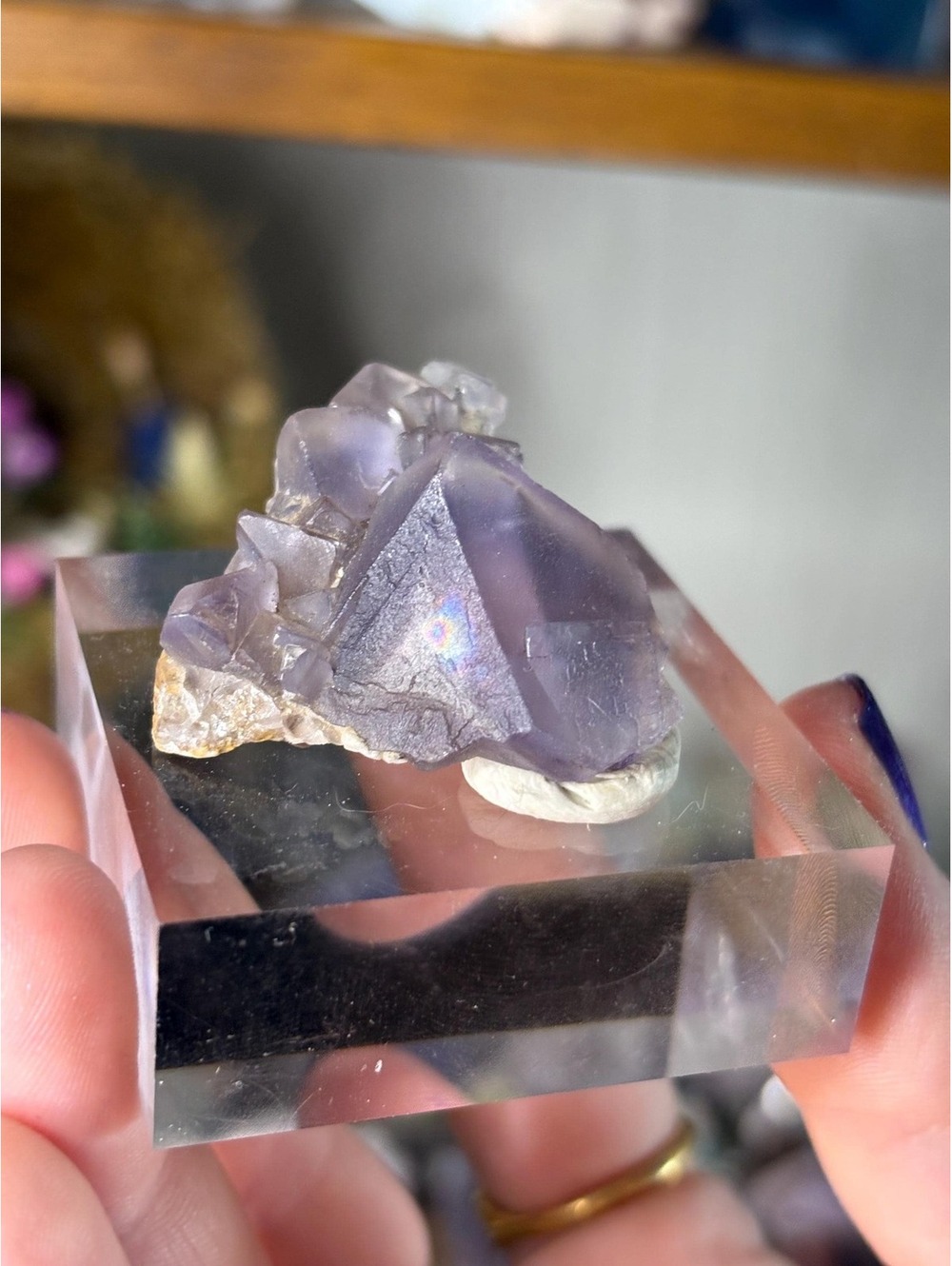Purple Fluorite Specimen | Rainbow Inclusions, Acrylic Base